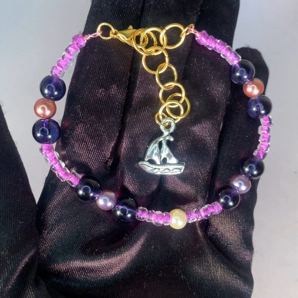 BLUEBERRY ISLAND — Handmade Purple & Gold Glass Bead Bracelet w/ Sailboat Charm